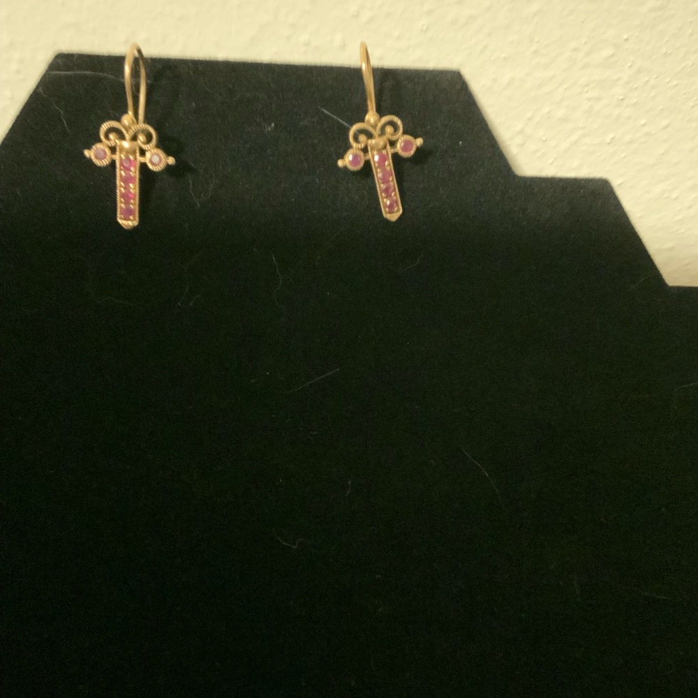 Vintage 10k Gold and Ruby  Cross Earrings - Picture 2 of 2